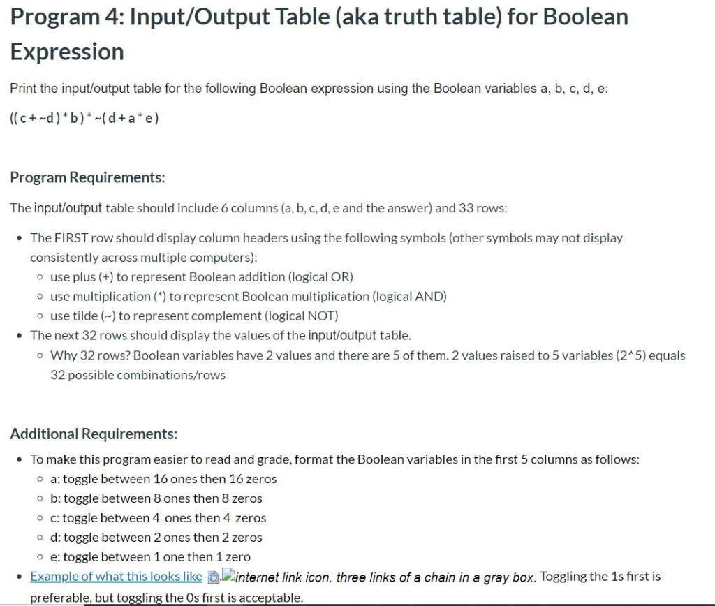 Solved Program 4: Input/Output Table (aka truth table) for | Chegg.com