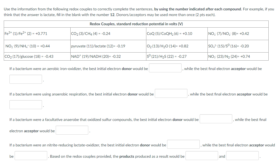 Solved Use The Information From The Following Redox Couples 