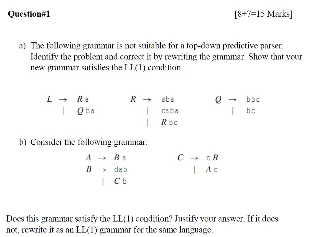 Question#1 [8+7=15 Marks] a) The following grammar is not suitable for a top-down predictive parser. Identify the problem and