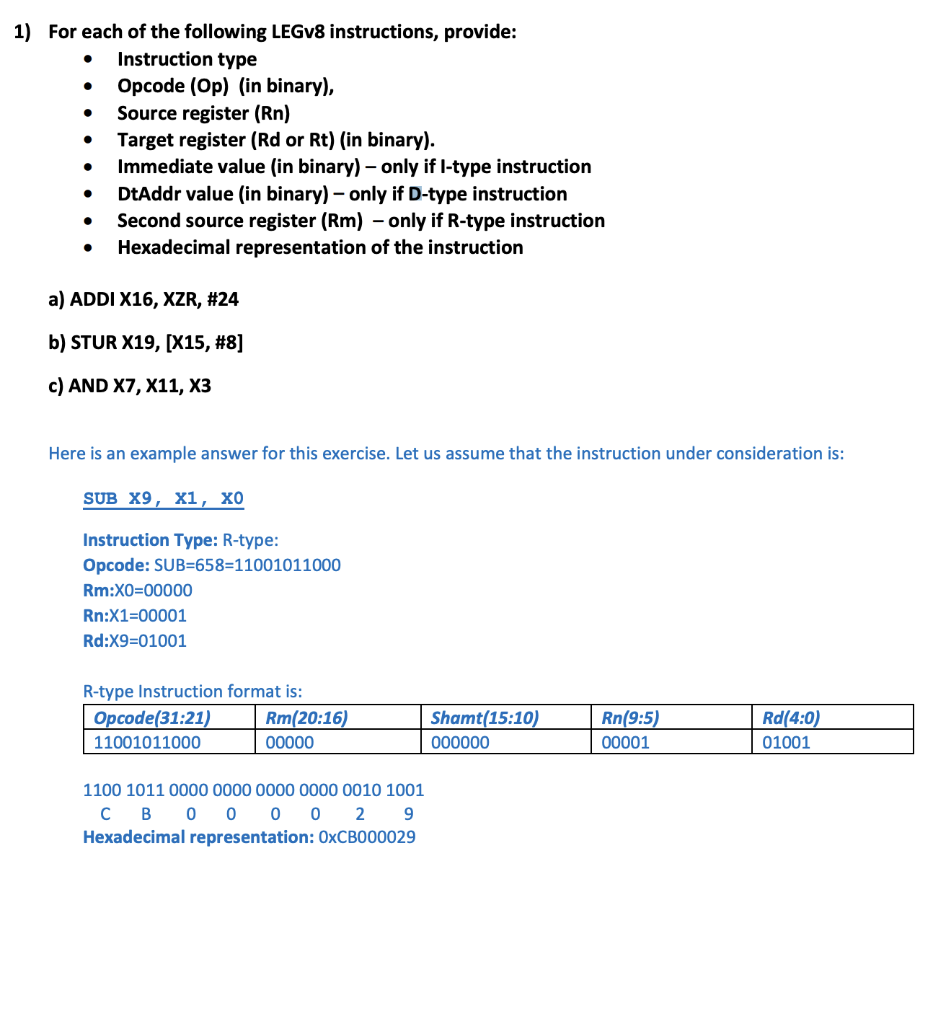 Solved 1) For each of the following LEGv8 instructions
