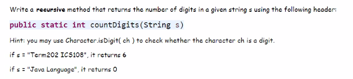 Solved Write a recursive method that returns the number of | Chegg.com