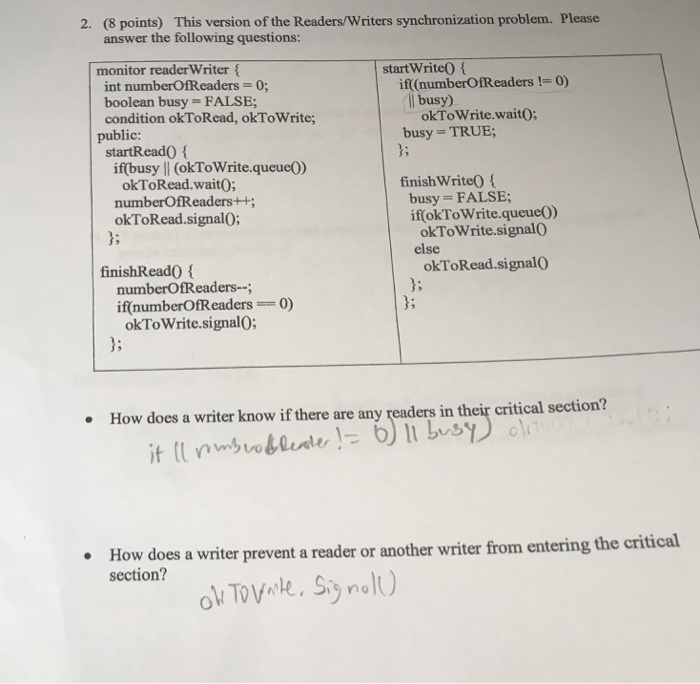 Solved 2. (8 points) This version of the Readers/Writers | Chegg.com