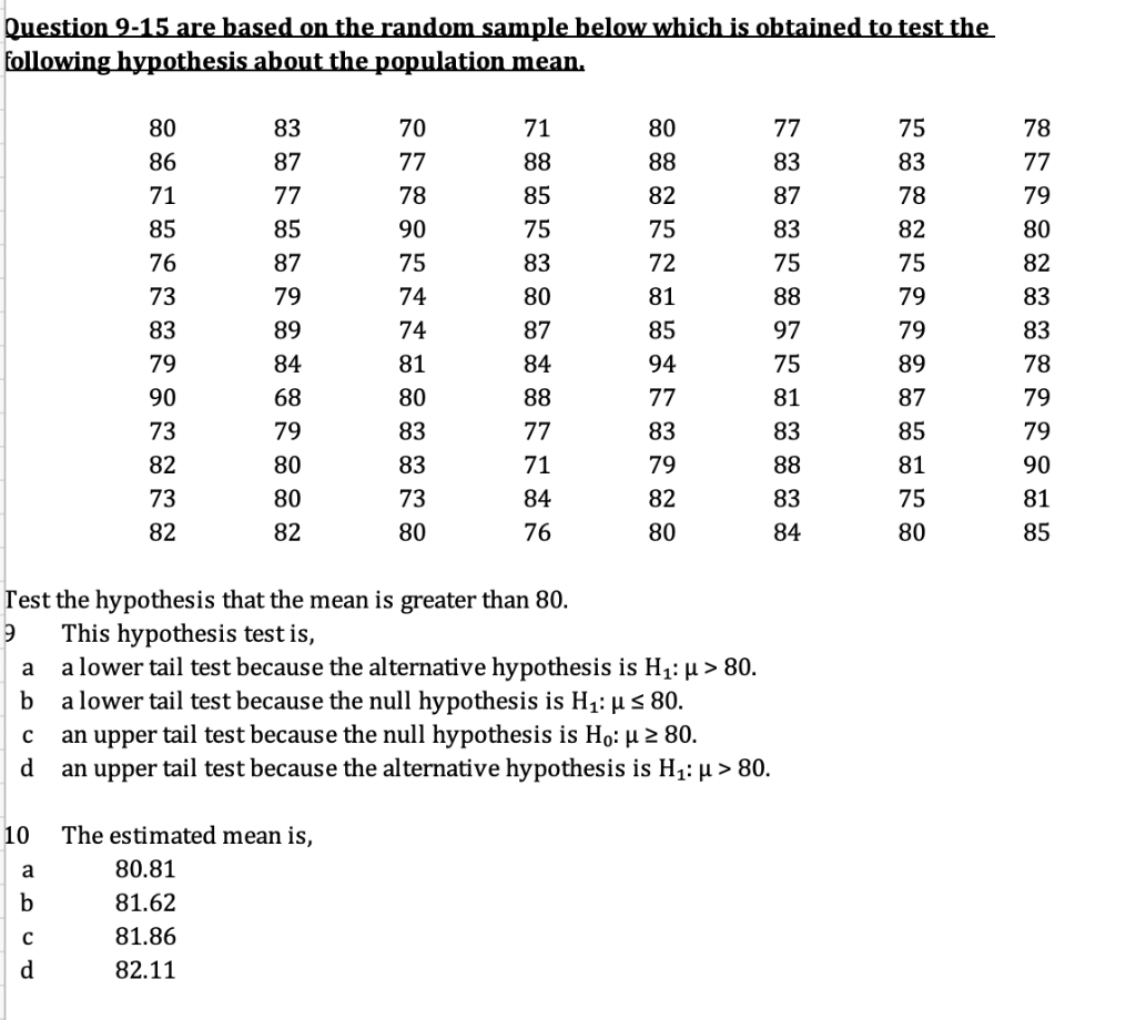 Solved Question 9-15 are based on the random sample below | Chegg.com