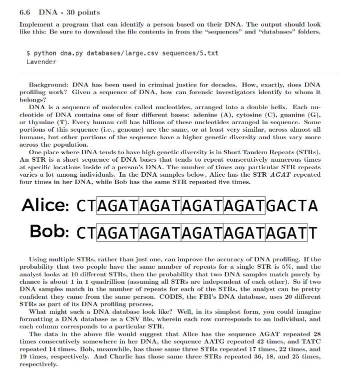 Solved 6.6 DNA - 30 points Implement a program that can | Chegg.com