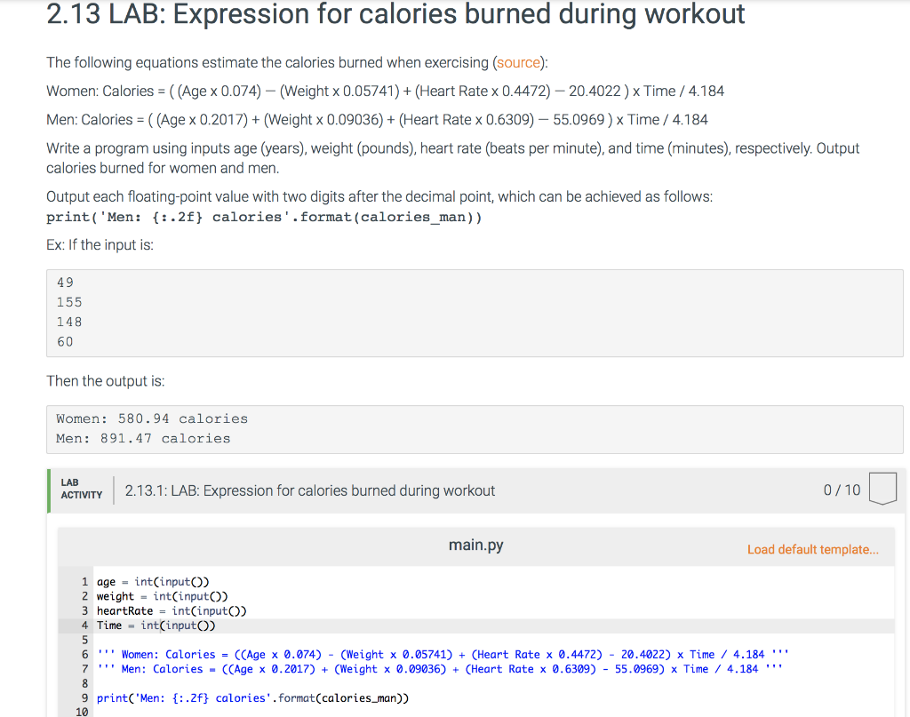 4.14 lab expression for calories burned during workout