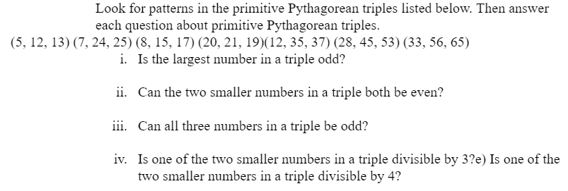 Solved Look for patterns in the primitive Pythagorean | Chegg.com