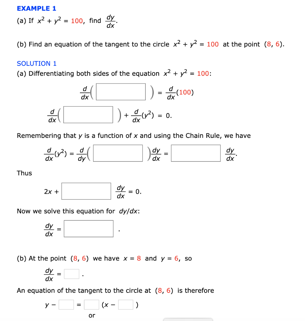 Solved Example 1 A If X2 Y2 100 Find Dy B Find A Chegg Com