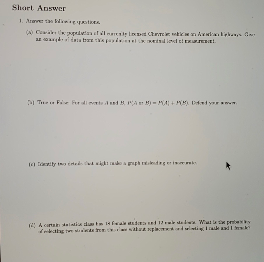 Solved Short Answer 1. Answer the following questions. (a) | Chegg.com