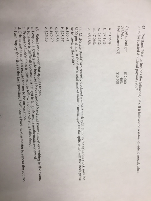 Solved 43. Portland Plastics Inc, has the following data.I