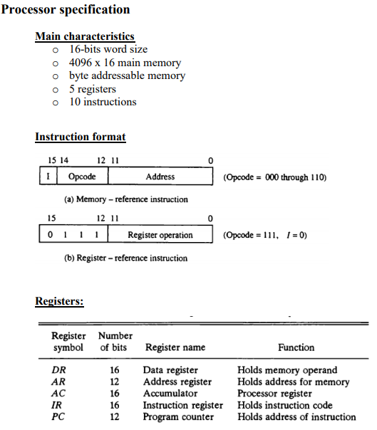 Processor specification Main characteristics o 16-bits word size o 4096 x 16 main memory o byte addressable memory o 5 regist