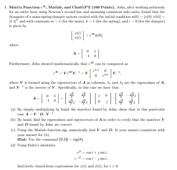 1. Matrix Function eAt, Matlab, and ChatGP'T (160 | Chegg.com