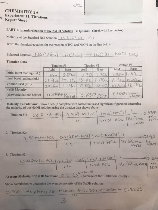 Acid-Base Titration Worksheet Answer Key : Solved Chemistry 2a