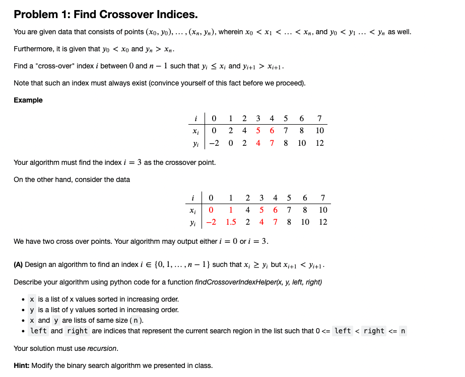 Solved Problem 1: Find Crossover Indices. You Are Given Data | Chegg.com