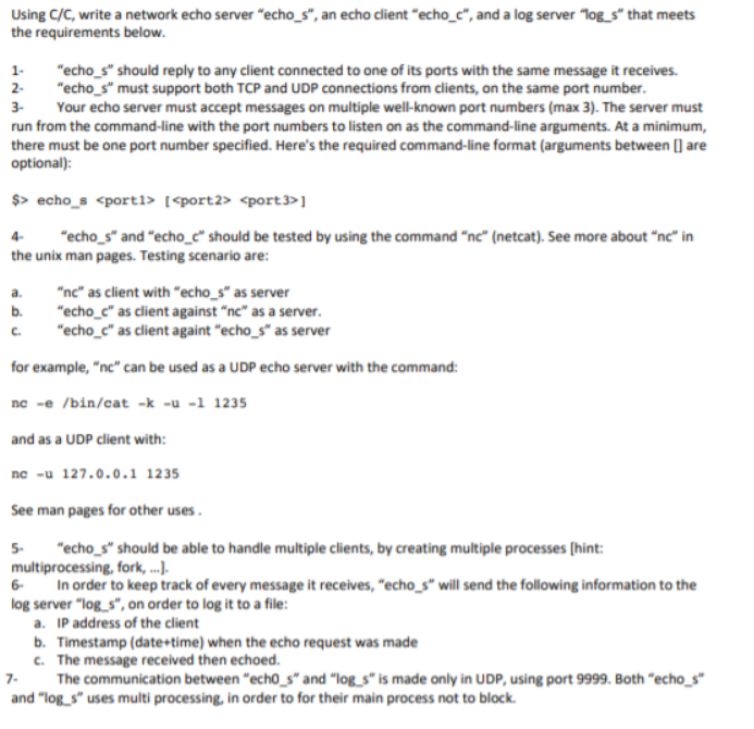 Using C/C, write a network echo server "echo_s", an | Chegg.com