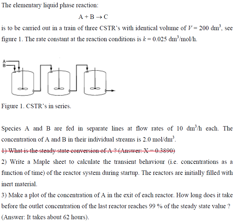 Solved The Elementary Liquid Phase Reaction: A+B →C Is To Be | Chegg.com