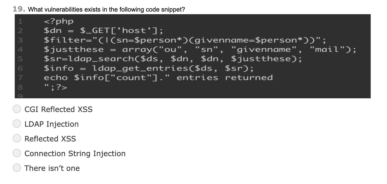 Solved 19. What vulnerabilities exists in the following code | Chegg.com