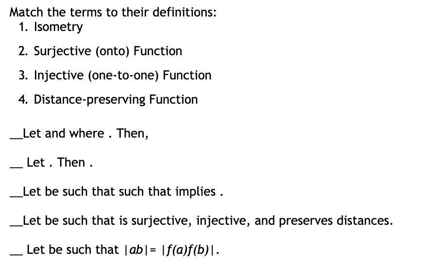 Match the terms to their definitions: 1. Isometry 2. | Chegg.com