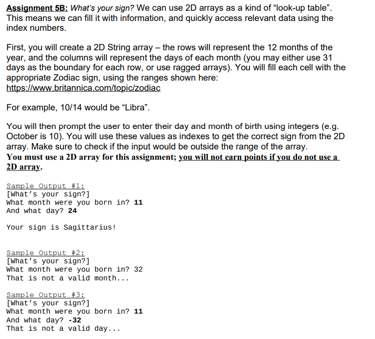 Solved Assignment 5B: What's your sign? We can use 2D arrays | Chegg.com