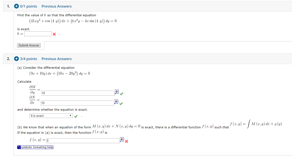 Solved 1. + 0/1 points Previous Answers Find the value of k | Chegg.com