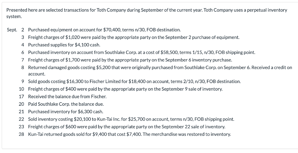 Solved Presented here are selected transactions for Toth | Chegg.com