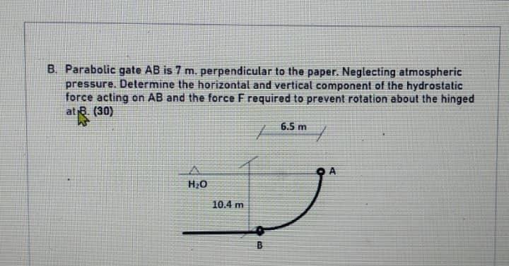 B. Parabolic gate \( A B \) is \( 7 \mathrm{~m} \). perpendicular to the paper. Neglecting atmospheric pressure. Delermine th