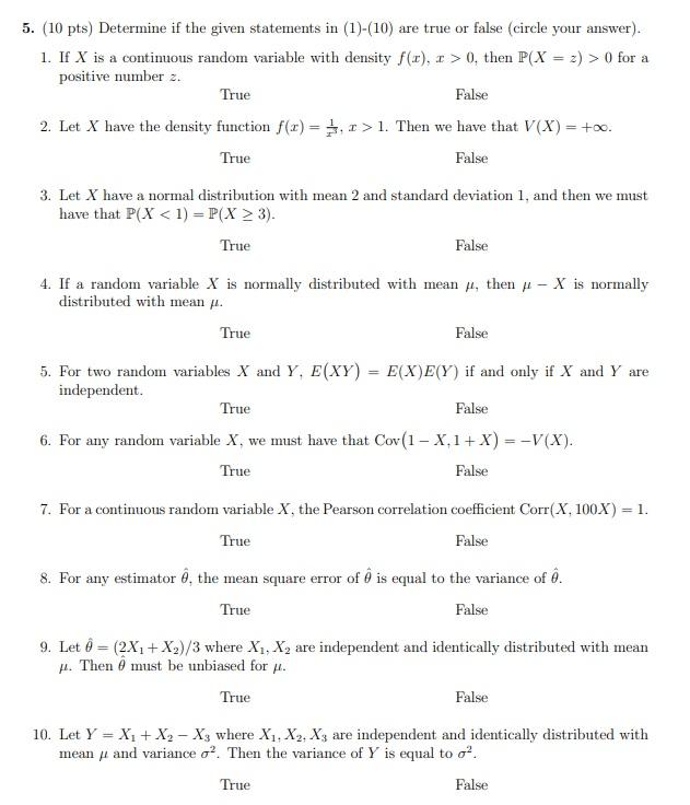 Solved 5 10 Pts Determine If The Given Statements In Chegg Com