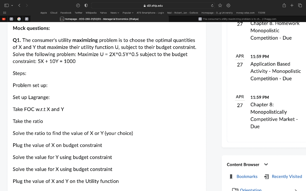 Solved Mock questions: Q1. The consumer's utility maximizing | Chegg.com