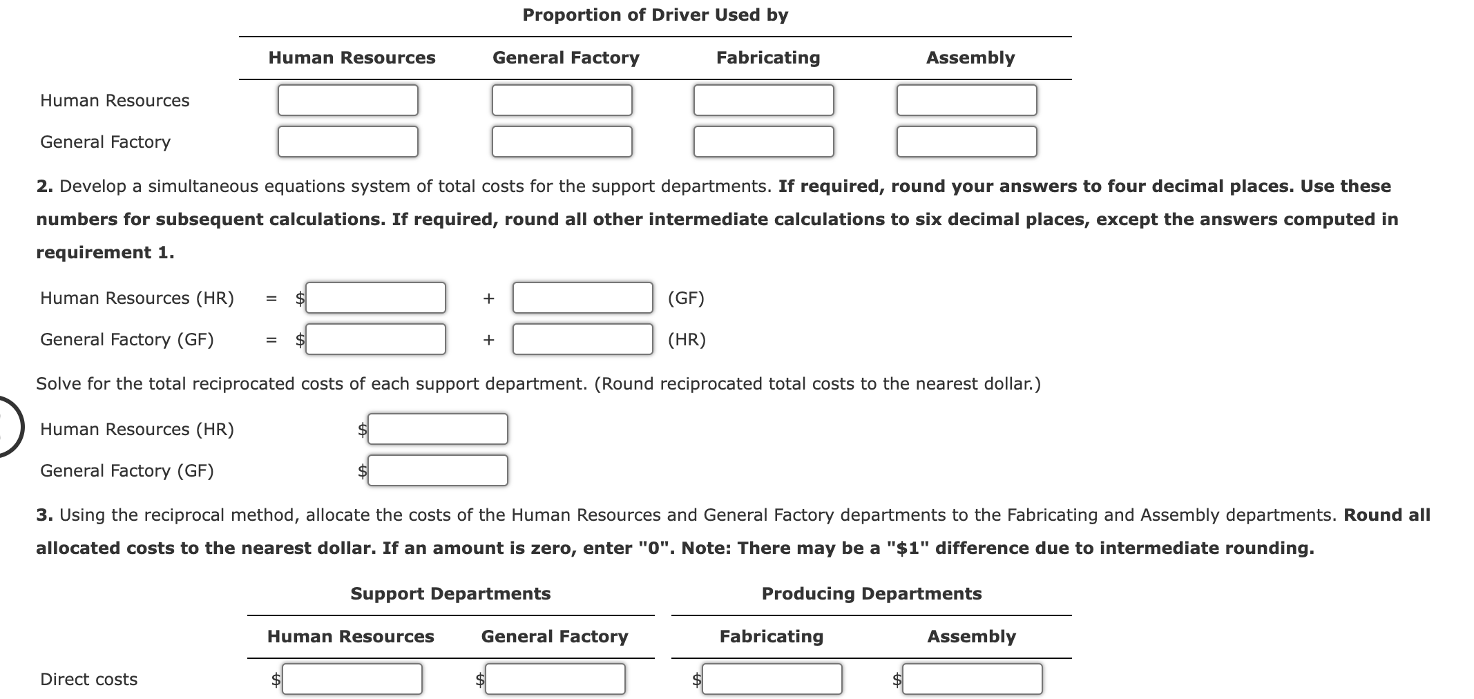 Solved Reciprocal Method of Support Department Cost