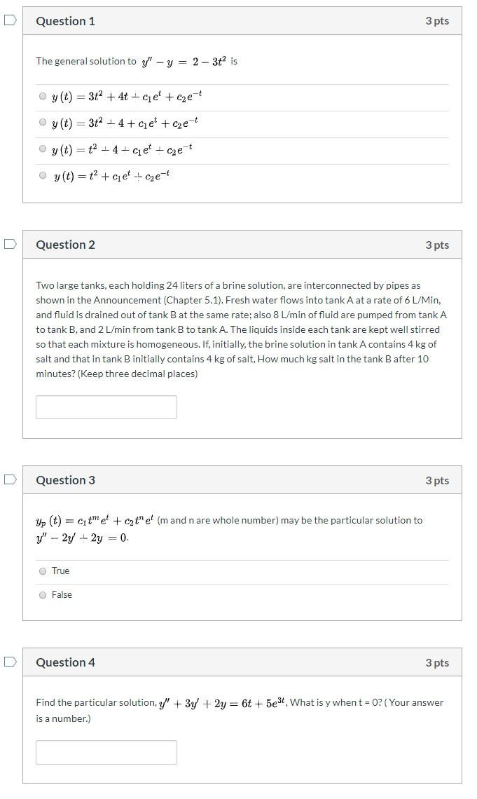 Solved Question 1 3 pts The general solution to y' - y = 2 - | Chegg.com