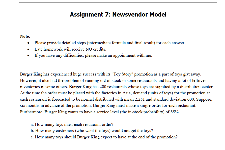 Assignment 7: Newsvendor Model Note: Please provide | Chegg.com