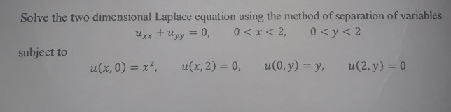 Solved Solve the two dimensional Laplace equation using the | Chegg.com