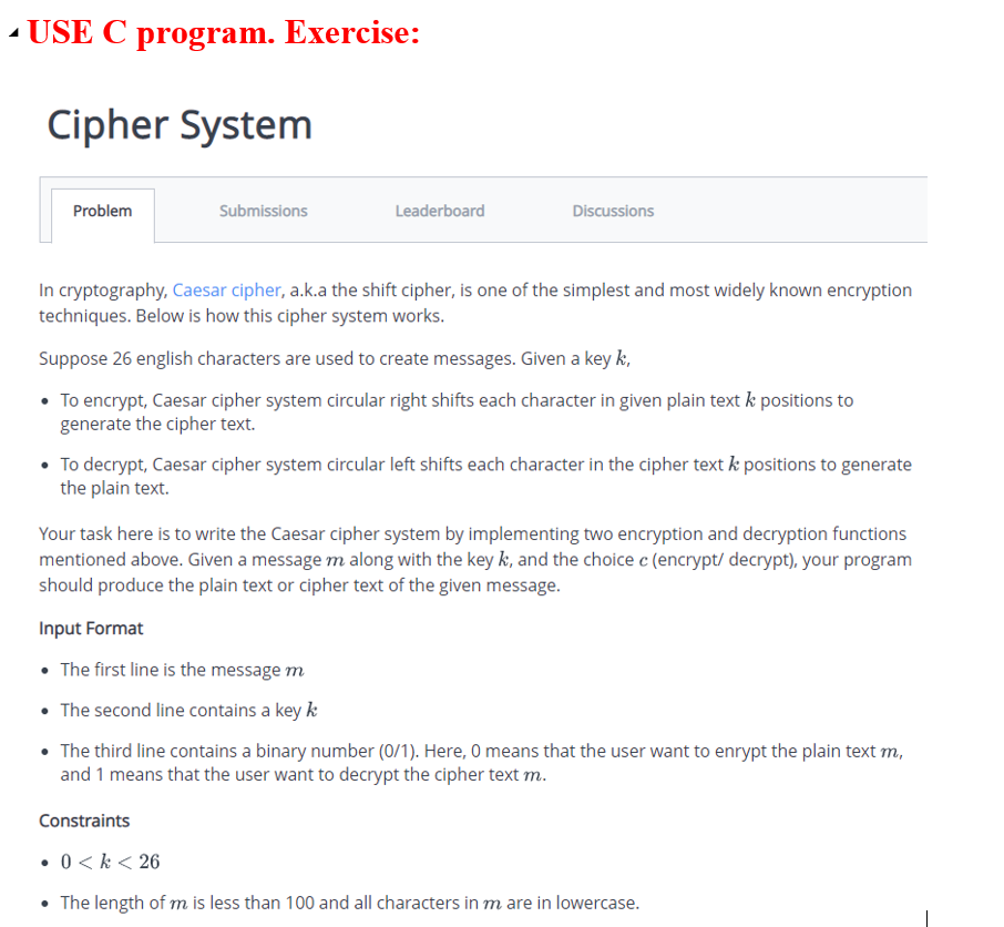 Solved - USE C program. Exercise: Cipher System Problem | Chegg.com