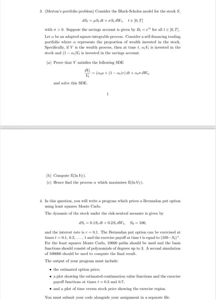 Solved 3. (Merton's portfolio problem) Consider the