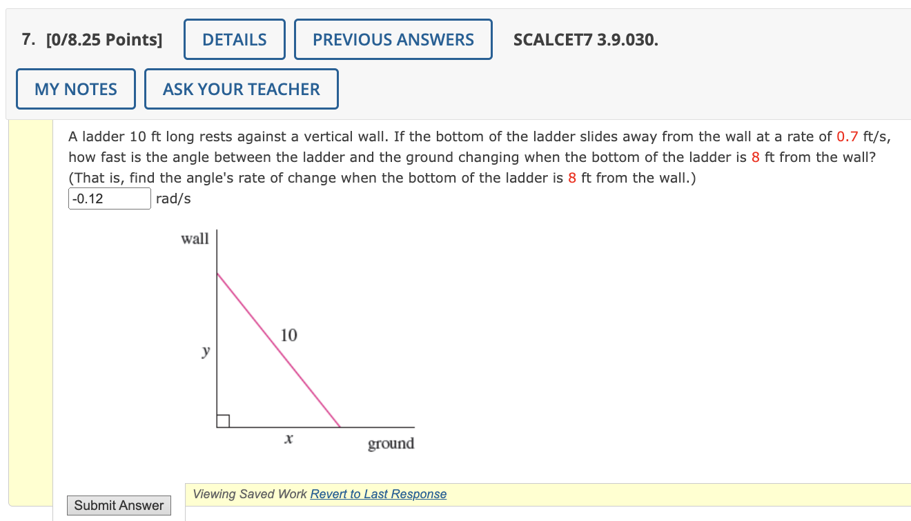 Solved A ladder 10ft long rests against a vertical wall. If | Chegg.com