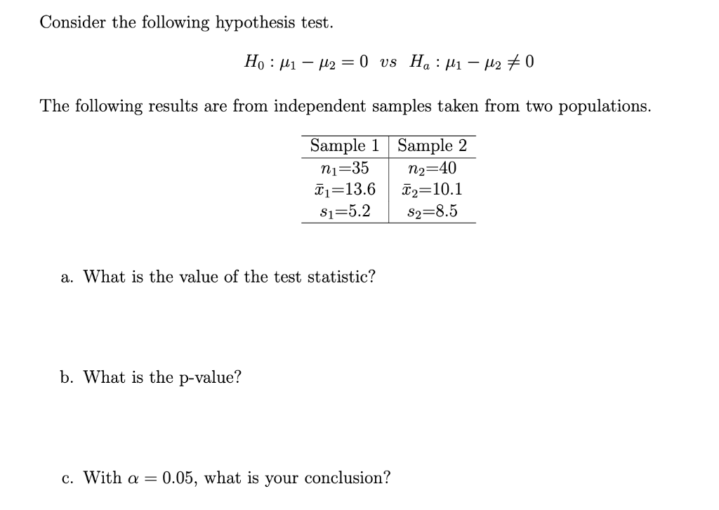 Solved Consider the following hypothesis test. Ho : H1 – H2 | Chegg.com