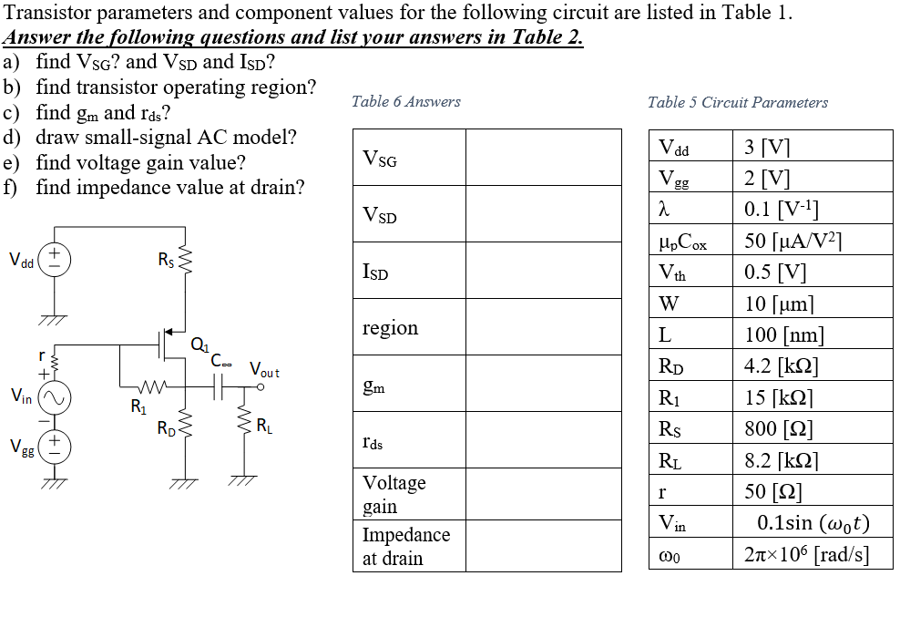 Solved VSD de V th Transistor parameters and component | Chegg.com