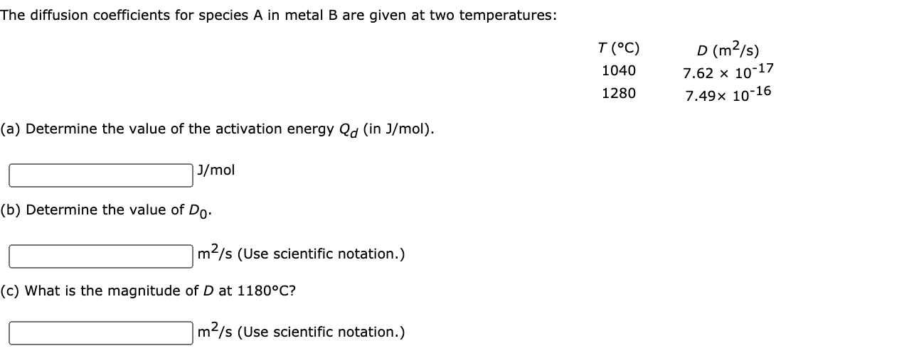 Solved The Diffusion Coefficients For Species A In Metal B | Chegg.com