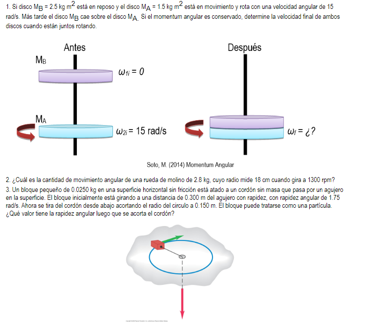 1. Si disco \( \mathrm{M}_{\mathrm{B}}=2.5 \mathrm{~kg} \mathrm{~m}^{2} \) está en reposo y el disco \( \mathrm{M}_{A}=1.5 \m