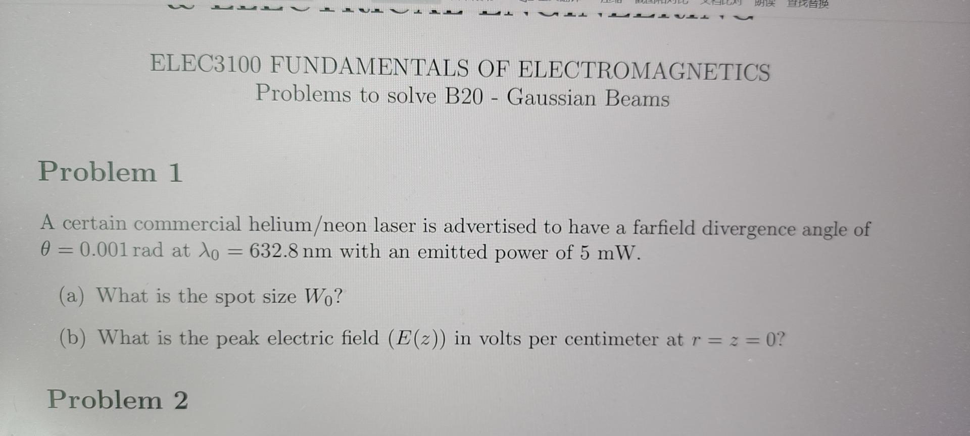 Solved ELEC3100 FUNDAMENTALS OF ELECTROMAGNETICS Problems To | Chegg.com