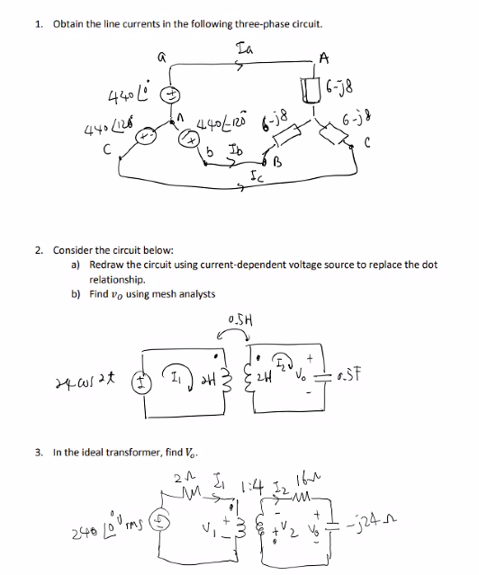 Solved 1. Obtain the line currents in the following | Chegg.com