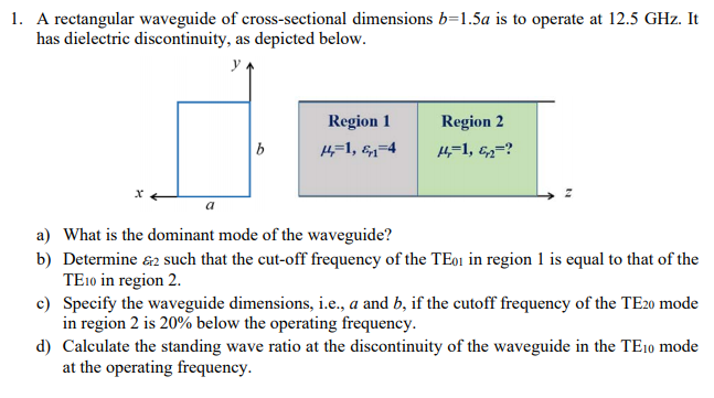 Solved 1. A rectangular waveguide of cross-sectional | Chegg.com