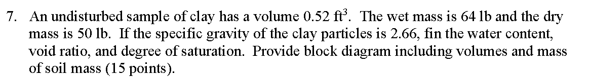Solved 7. An undisturbed sample of clay has a volume 0.52 | Chegg.com