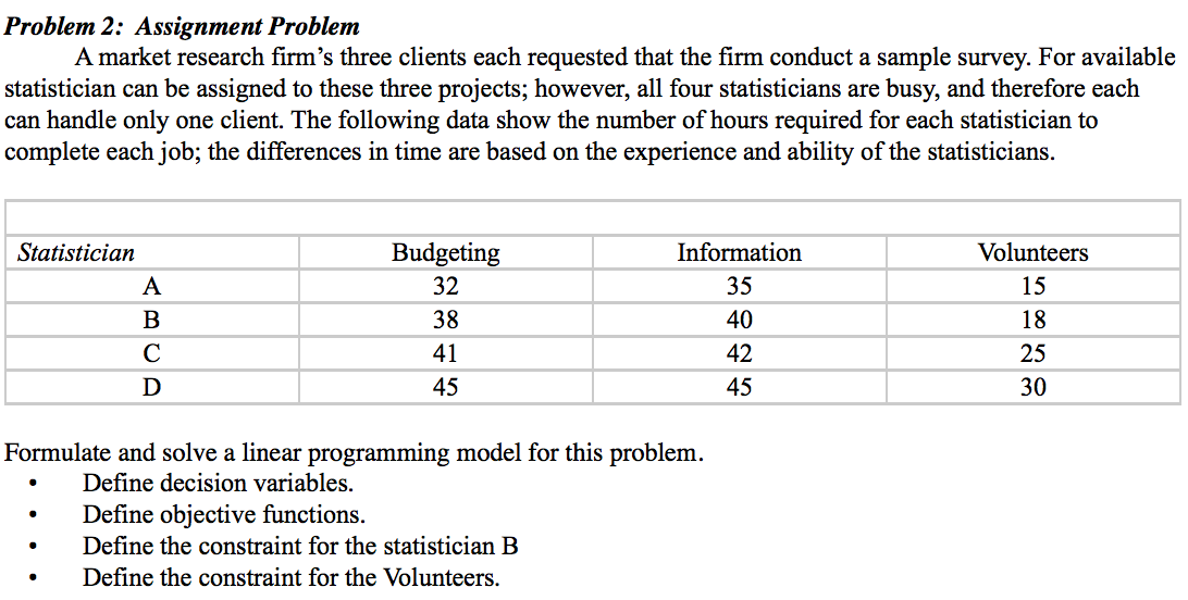 Solved Problem 2: Assignment Problem A market research | Chegg.com
