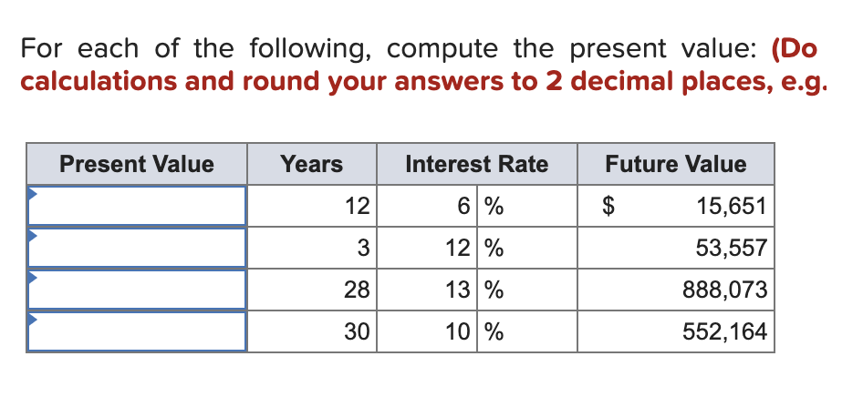 Solved For each of the following, compute the present value: | Chegg.com