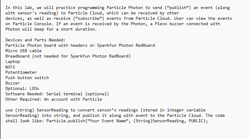 Solved In this lab, we will practice programming Particle | Chegg.com