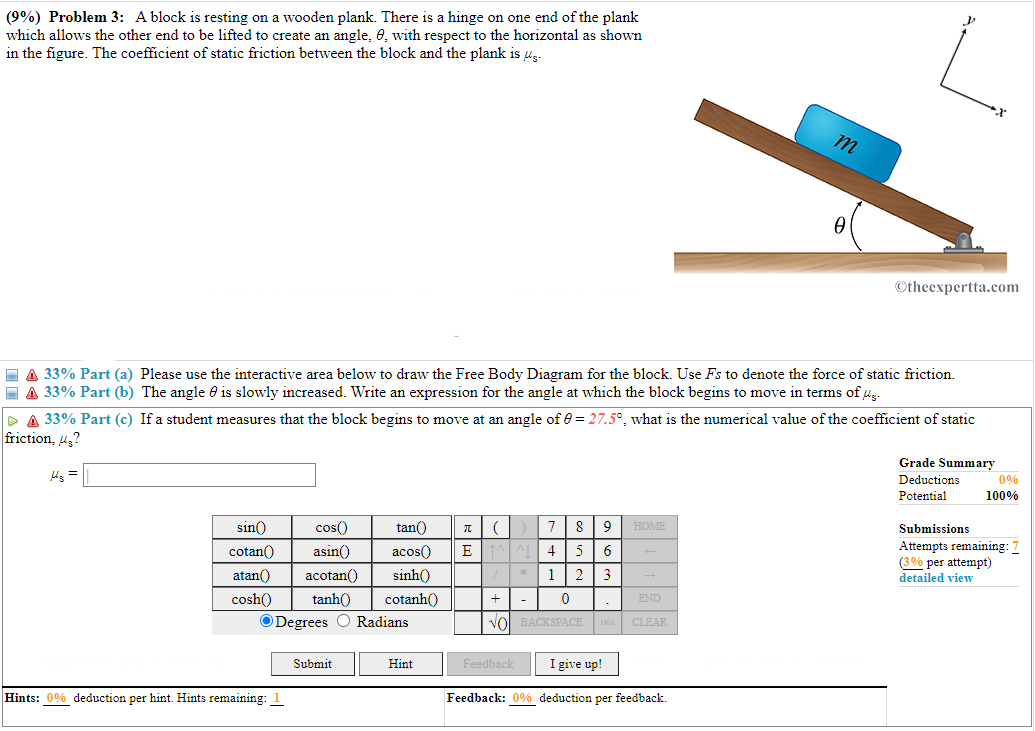 Solved (9) Problem 3 A block is resting on a wooden plank.