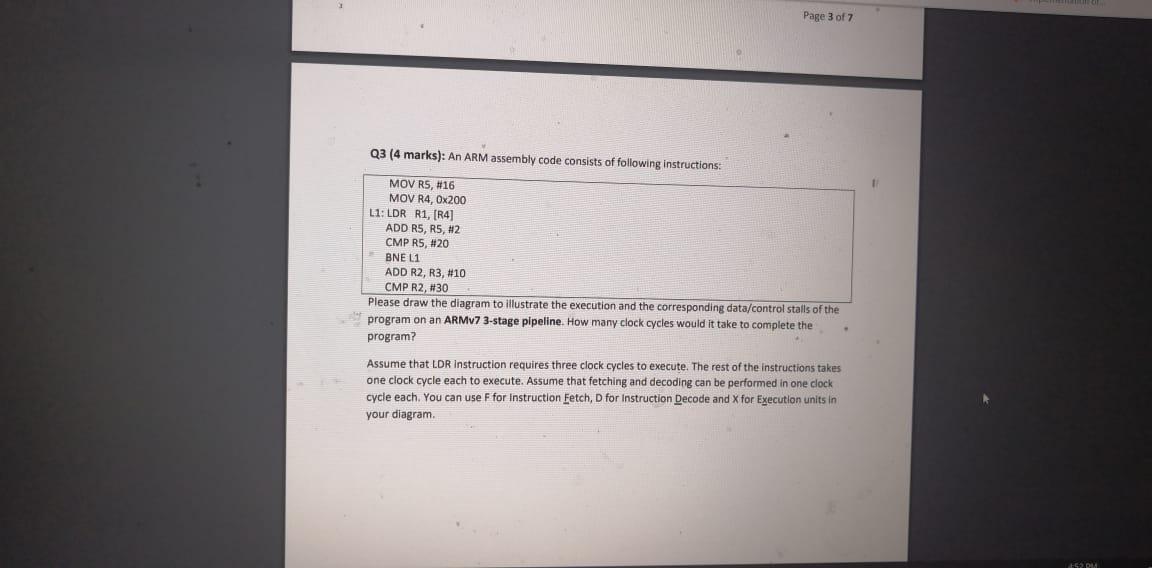 Solved Page 3 of 7 Q3 (4 marks): An ARM assembly code | Chegg.com