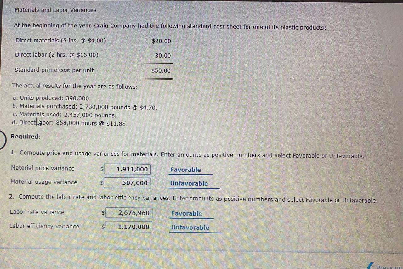 Solved Materials and Labor Variances At the beginning of the