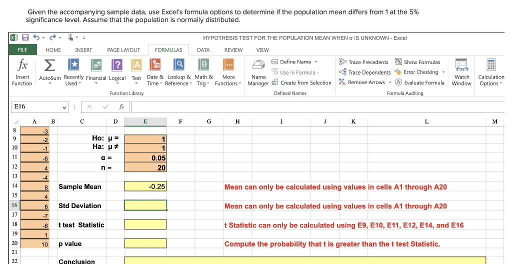 Given the accompanying sample data, use Excel's | Chegg.com