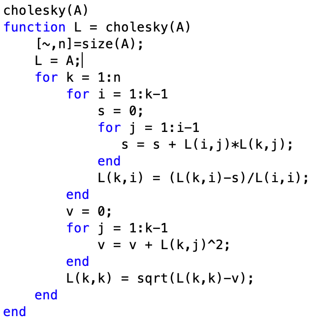 Solved = cholesky (A) function L = cholesky(A) | Chegg.com
